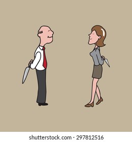 Businesspeople with knifes behind cartoon vector