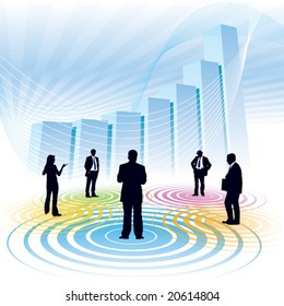 Businesspeople and a large chart in the background, conceptual business illustration.