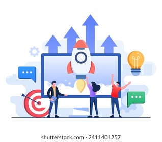 Businesspeople launch startup business project, successful business strategy, Business development, Entrepreneurship, Innovation product, creative idea, Teamwork concept flat illustration vector