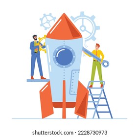 Businesspeople Launching Business Project Startup. Financial Idea Realization and Success. Creative Business Team with Huge Wrench and Cogwheel Prepare Rocket for Start Up. Cartoon Vector Illustration