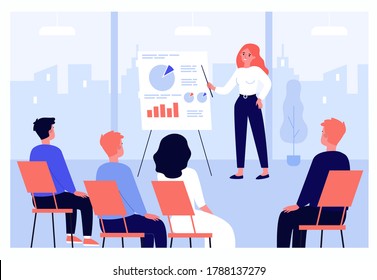 Businesspeople learning finance lecture with coach or speaker isolated flat vector illustration. Cartoon office employees listening trainer at seminar. Business training and management concept