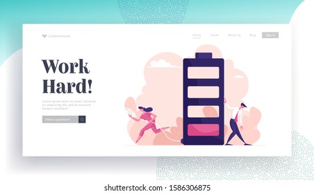 Businesspeople Life Energy Website Landing Page. Tired Businessman Leaning Huge Battery with Low Red Color Level Bar and Businesswoman Carry Plug Web Page Banner. Cartoon Flat Vector Illustration