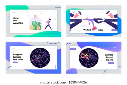 Businesspeople Life Website Landing Page Set. Office Worker Frustration, Career Burnout. Business Man Confusion, Spider Hunting for Businesspeople Web Page Banner. Cartoon Flat Vector Illustration