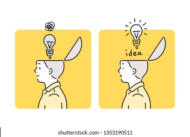 businesspeople with lightbulb in the open heads on background. Hand drawn style vector design illustrations.