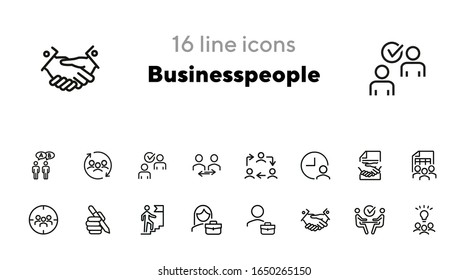 Businesspeople line icon set. Interview, handshake, businessman. Business concept. Can be used for topics like startup, dealing, management, leadership