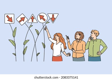 Businesspeople look at different directions search for solution together. Diverse employees or workers engaged in teamwork think of project or strategy launch. Cooperation. Vector illustration.