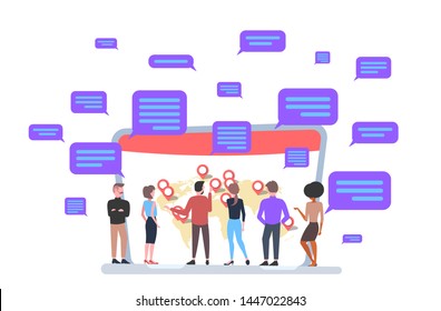 businesspeople looking at laptop screen with world map, location, geo tags, online messaging app. chatting global communication concept, flat horizontal, full length.