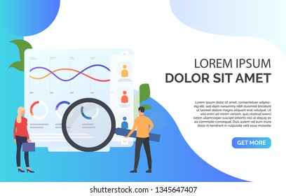 Businesspeople with magnifying glass at chart vector illustration. Balance, audit, bookkeeping. Marketing concept. Creative design for layouts, web pages, banners