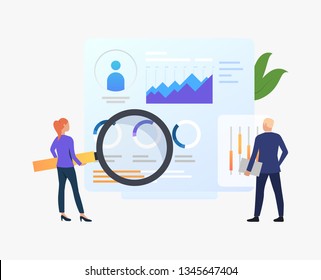 Businesspeople with magnifying glass at charts vector illustration. Business research, analysis, audit. Marketing concept. Creative design for layouts, web pages, banners