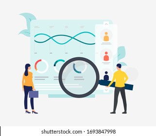 Businesspeople with magnifying glass at diagrams vector illustration. Workflow, data, annual report. Marketing concept. Creative design for layouts, web pages, banners