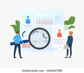 Businesspeople with magnifying glass at graphs vector illustration. Plan, workflow, business process. Marketing concept. Creative design for layouts, web pages, banners