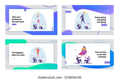 Businesspeople Make Pyramid to Reach Golden Trophy Goblet Website Landing Page Set. Corporate Leadership, Business Challenge and Team Work Concept for Web Page Banner. Cartoon Flat Vector Illustration