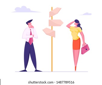 Businesspeople Making Important Decision and Choice Standing at Crossroad Pointer with Several Ways Directions in Business or Life. People Decide what Way to Choose. Cartoon Flat Vector Illustration