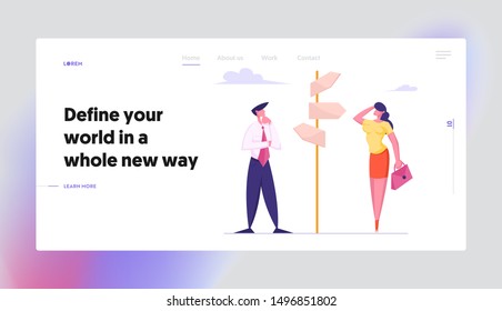 Businesspeople Making Important Decision and Choice Website Landing Page. People Decide what Way to Choose Standing at Crossroad Directions Pointer Web Page Banner. Cartoon Flat Vector Illustration