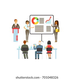 Businesspeople making presentation and explaining chart on a whiteboard, business meeting in an office vector Illustration