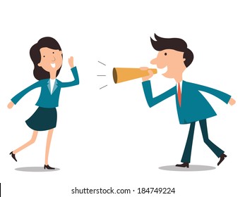 Businesspeople, man and woman, enjoy communicate each other with megaphone, communication concept. 