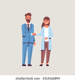 businesspeople man woman handshaking business partners couple hand shake during meeting agreement partnership concept flat full length