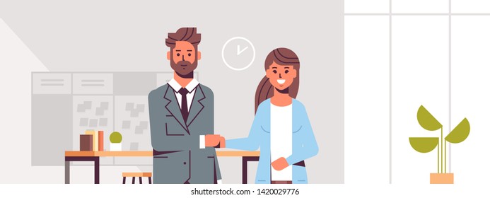 businesspeople man woman handshaking business partners couple hand shake during meeting agreement partnership concept modern co-working center office interior flat portrait horizontal