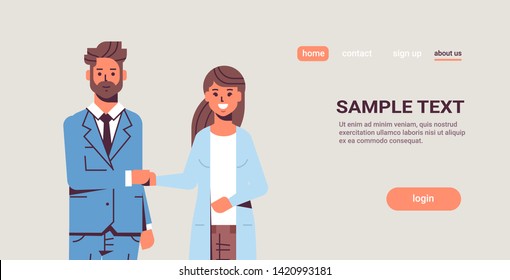 businesspeople man woman handshaking business partners couple hand shake during meeting agreement partnership concept flat portrait copy space horizontal