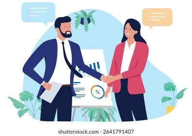 Businesspeople, man and woman shaking hands, symbolising a successful deal or partnership, with a presentation board showing charts and speech bubbles in the background. Flat design illustration