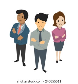 Businesspeople, man and woman, standing together in teamwork concept, bird's-eye view. Flat design. 