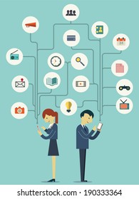 Businesspeople, man and woman, standing and using smart phone in many ways representing with flat design icons. Technology with social network concept.  