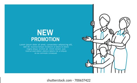 Businesspeople, man and woman as team work, pointing at blank advertisement board and giving thumb up. Outline, thin art line, contour, doodle, hand drawn sketch, cartoon design, simple style.