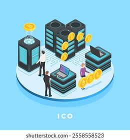 Businesspeople are managing cryptocurrency mining farm and ico servers, processing cryptocurrency transactions with laptops, earning bitcoins, litecoins and ethereum