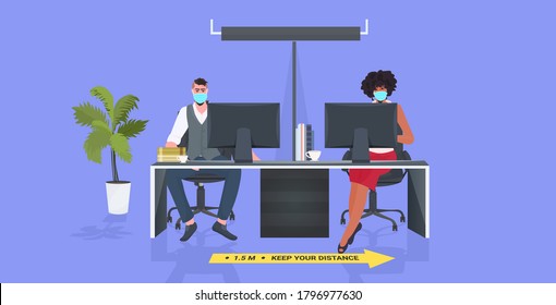 businesspeople in masks sitting at workplace keeping distance to prevent coronavirus epidemic covid-19 protection measures horizontal full length vector illustration