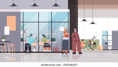 businesspeople in masks working and talking together in coworking center business meeting teamwork concept modern office interior horizontal full length vector illustration