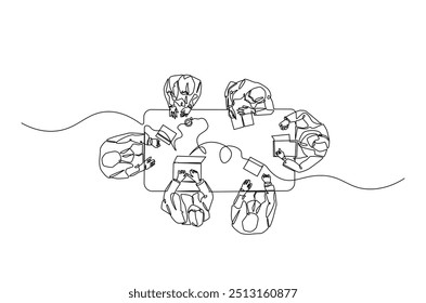 businesspeople meeting in the table continuous one line drawing. Business teamwork concept in single line art illustration. Editable vector.  