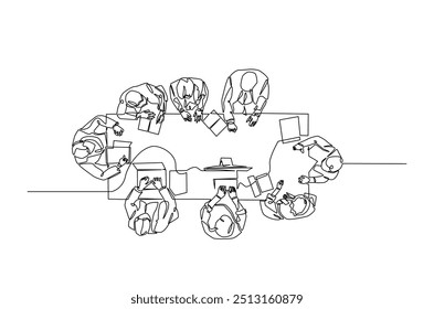 empresários reunião na tabela desenho contínuo de uma linha. Conceito de trabalho em equipe de negócios em ilustração de arte de linha única. Vetor editável.  