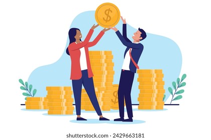 Businesspeople with money - Two people with business income and profits lifting dollar coin celebrating financial success and profitable company. Economy and finances concept in flat design vector svg