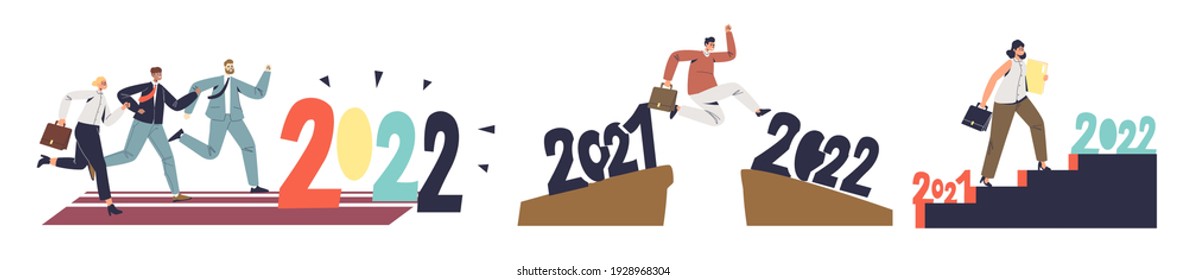 Businesspeople Moving For 2022 Opportunities For Development Of Strategies And Plans For Business Success. Set Of Business Workers Overcoming Obstacles Of Growth. Flat Vector Illustration