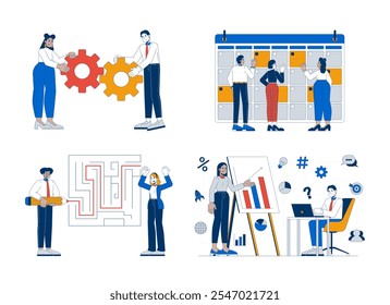 Empresários multirraciais equipes 2D ilustração conceitos definidos. Funcionários corporativos trabalhando em projetos de negócios personagens de desenhos animados isolados em branco. Coleção de vetores planos abstratos de metáforas