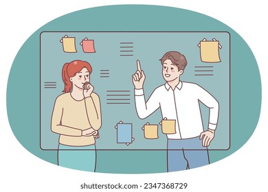 Businesspeople near board in office engaged in brainstorming think over project together. Man and woman consider business plan or project. Teamwork. Vector illustration.