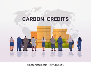businesspeople near coins pills responsibility of co2 emission free trading carbon tax credit environment strategy