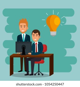 businesspeople in the office with e-mail marketing icons