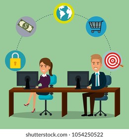 businesspeople in the office with e-mail marketing icons