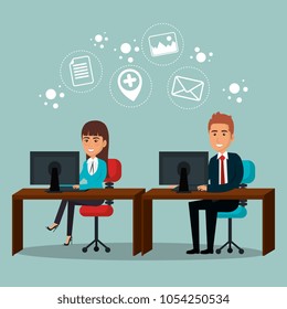 businesspeople in the office with e-mail marketing icons