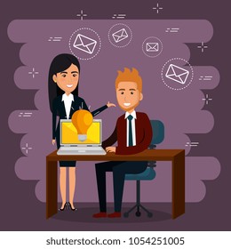 businesspeople in the office with e-mail marketing icons