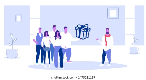 Businesspeople Office Employees Making Surprise Congratulating Male Colleague Corporate Team Giving Present Gift Box To Man Boss Sketch Doodle Horizontal