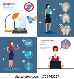 Businesspeople At Office And Hands Sanitizer Design, Disinfects Clean Antibacterial And Hygiene Theme Vector Illustration