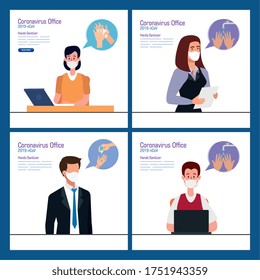 Businesspeople At Office And Hands Sanitizer Design, Disinfects Clean Antibacterial And Hygiene Theme Vector Illustration