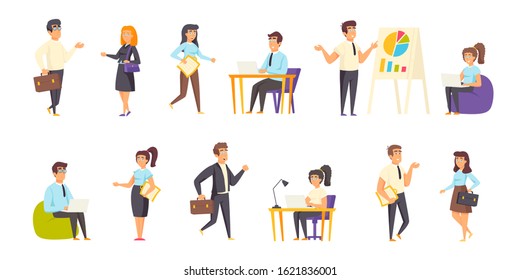 Businesspeople, office managers flat vector illustrations set. Project discussion, business meeting, conference scenes bundle. Busy people, businessmen and businesswomen cartoon characters collection