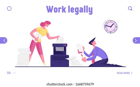 Businesspeople in Office Put Paper Secret Document to Shredder Landing Page Template. Destroying Private Information to Hide Crime or Account Info. Cartoon Flat Vector Illustration