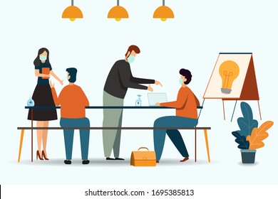 Businesspeople Or Office Worker Are Working And Wearing Mask For Protect Covid-19 Or Coronavirus Disease While Business Must Be Continuous. Healthcare Concept, Health And Medical Vector Illustration.