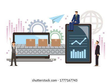 Businesspeople on a automation production line with sharing data from a computer to a tablet. Smart industry with cyber system. Flat cartoon character vector illustration isolated 