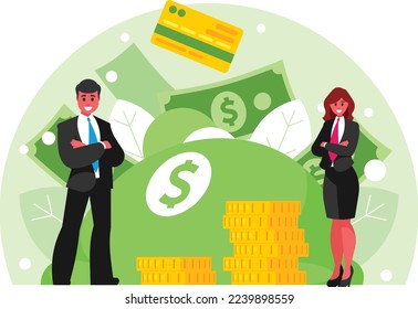 Businesspeople on the background of a money bag with dollar symbol filled with gold coins and banknotes. Vector graphics