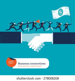 Businesspeople on handshake with a leader with 100 dollar flag. Vector illustration Eps10 file. Global colors. Text and Texture in separate layers.